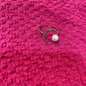 Adjustable sterling silver, pearl and crystal half- moon ring